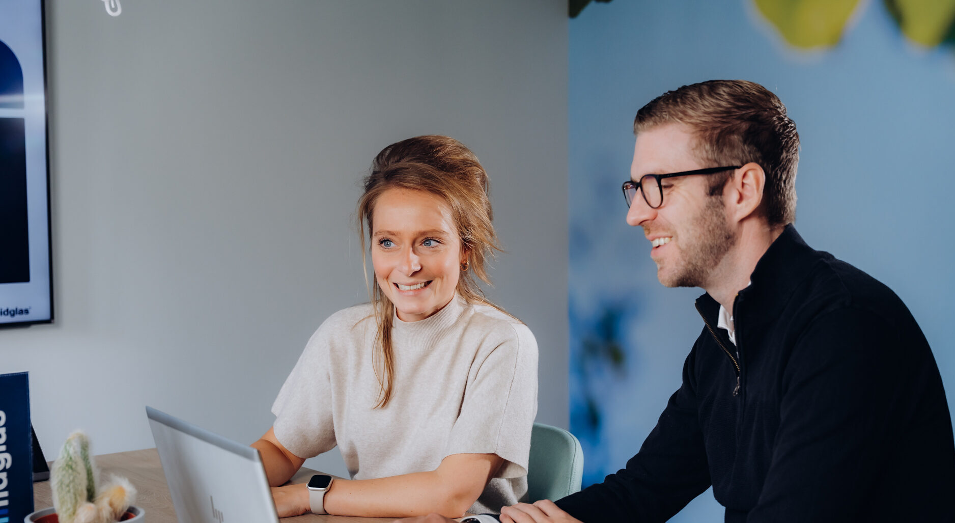 Midglas collega's in een meeting met een laptop om dingen te laten zien