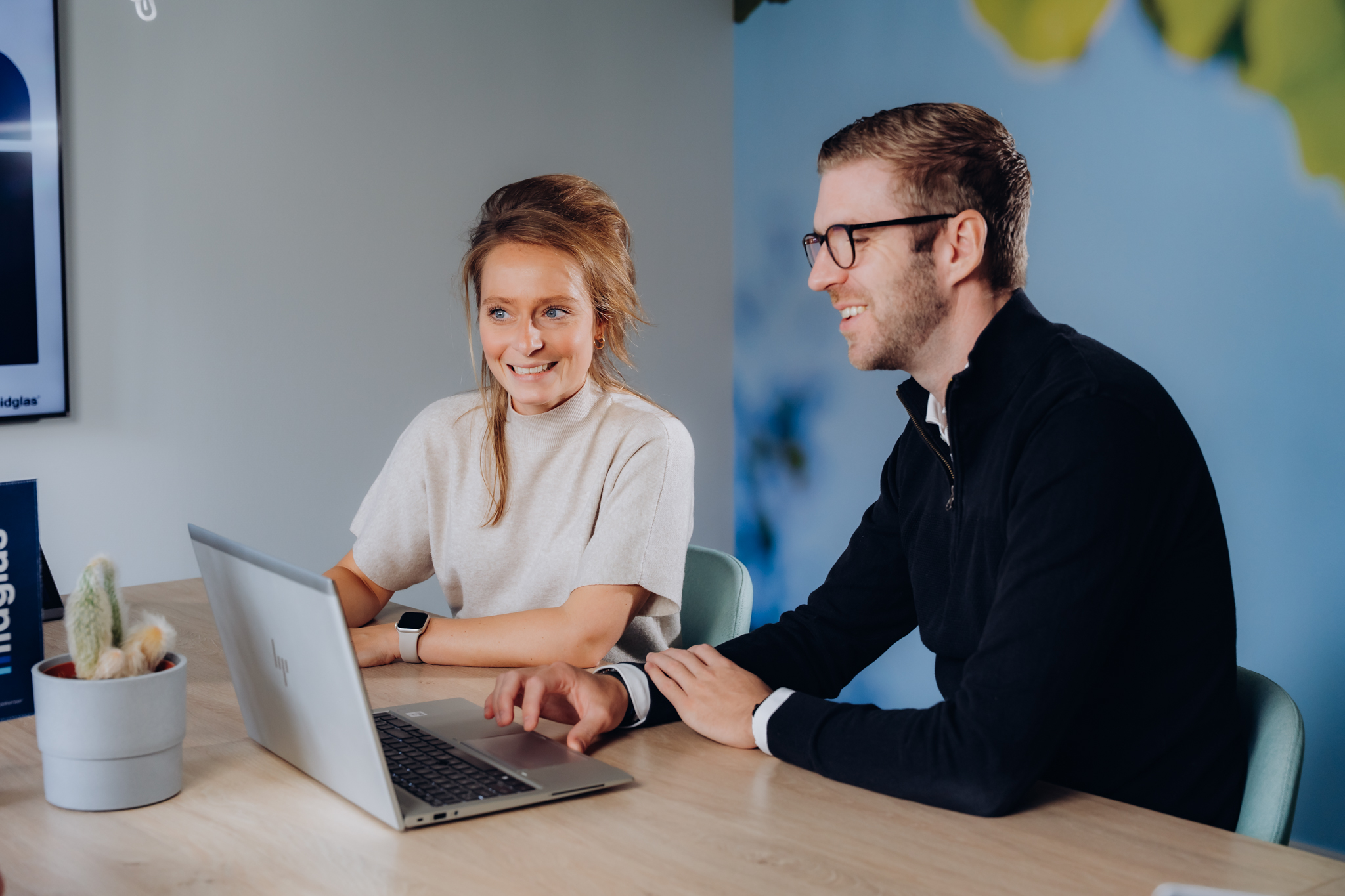 Midglas collega's in een meeting met een laptop om dingen te laten zien