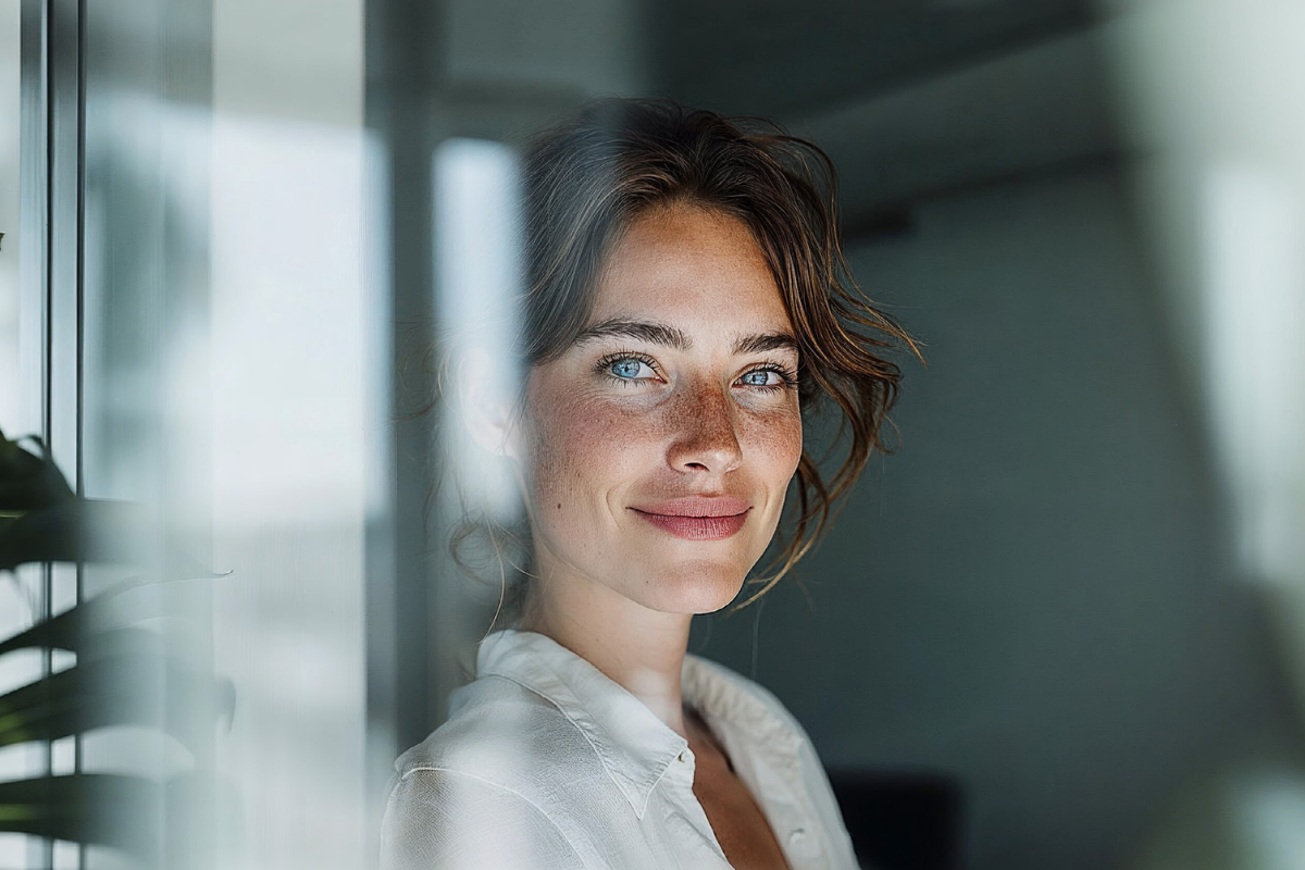 Dame die door glas naar de camera kijkt